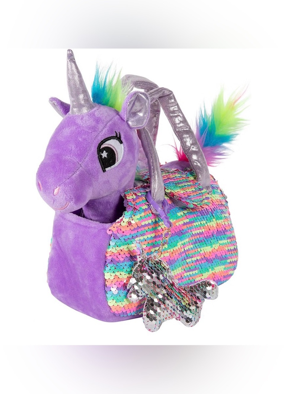 Plush Purple Unicorn Sequin Handbag with Rainbow Mane